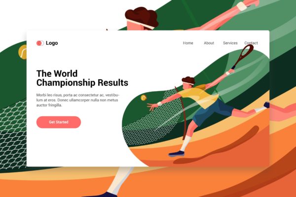 网站着陆页设计网球运动主题素材库精选手绘插画矢量 Male Tennis Player Vector Landing Page
