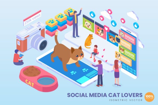 宠物社交主题等距矢量素材库精选概念插画v1 Isometric Social Media Cat Lover Vector Concept