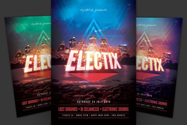 城市音乐舞蹈狂欢活动海报传单素材库精选PSD模板 Electix Flyer