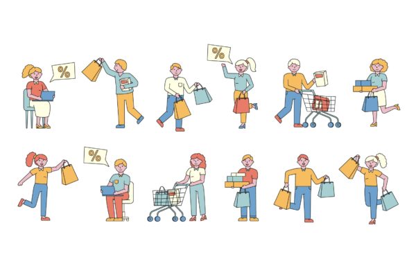 购物狂人人物形象线条艺术矢量插画素材库精选素材 Shoppers Lineart People Character Collection