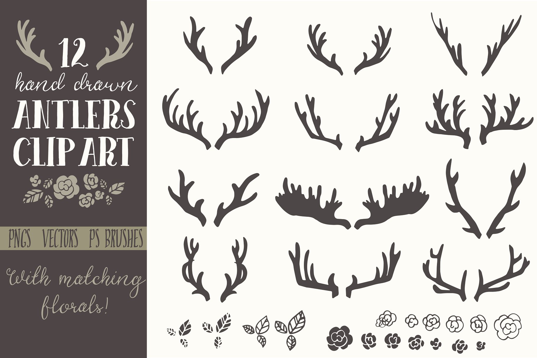 手绘鹿角圣诞元素矢量剪贴画 Hand Drawn Antlers Clip Art – Vector插图