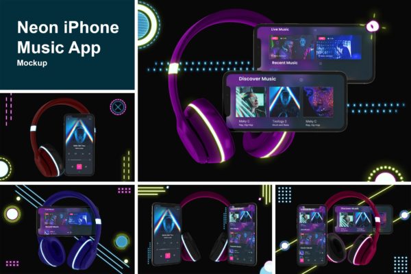 霓虹灯设计风格iPhone手机音乐APP应用UI设计图素材库精选样机 Neon iPhone Music App Mockup