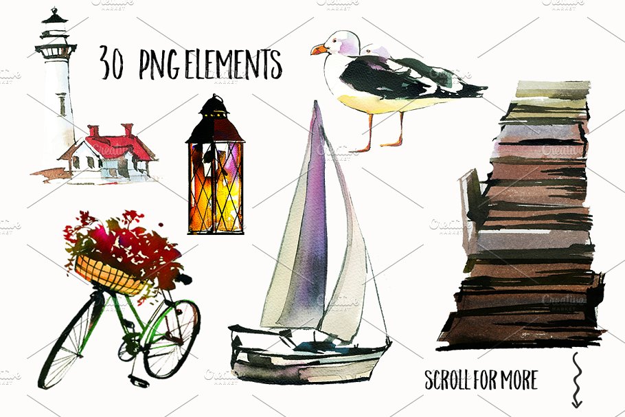 海景水彩场景设计素材包 Watercolor Trees Palms SeaScape Kit.插图(2)