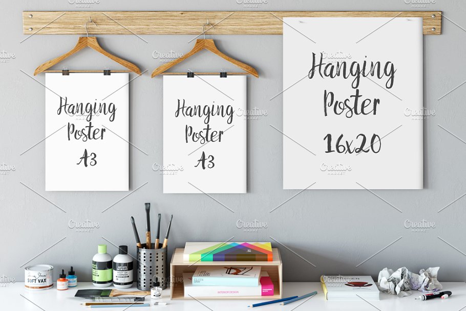 悬挂式艺术作品展示样机模板 Frame Mockup (Hanging Poster)插图(1)