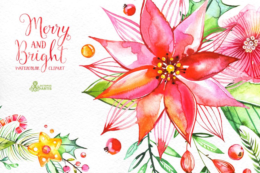 欢快明亮水彩花卉插画 Merry And Bright. Watercolor插图(4)