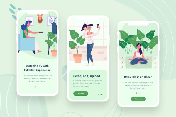 女性时尚生活APP应用启动页概念插画素材 Women’s Behaviour Illustration