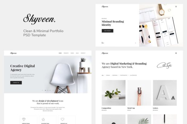 极简主义风格创意作品展示网站PSD模板 Skyveen – Minimal &amp; Clean Portfolio PSD Template