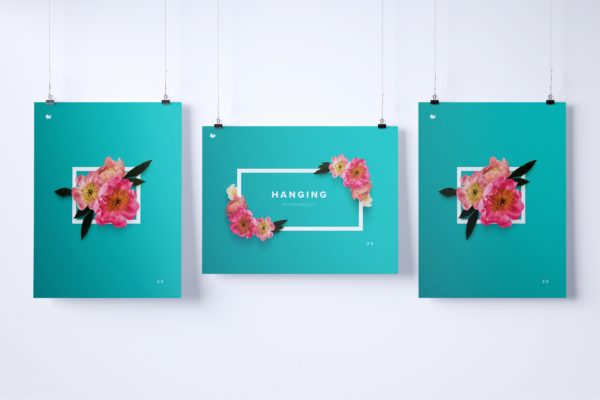 悬挂海报设计印刷效果预览样机模板 Three Hanging posters mockup