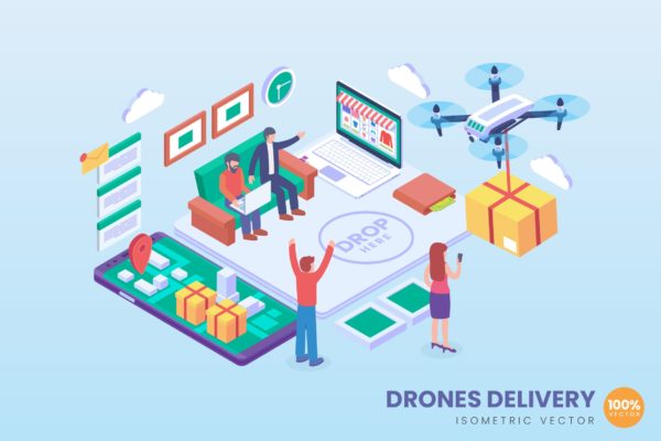 无人机运载技术等距矢量科技素材库精选概念插画 Isometric Drone Delivery Vector Concept