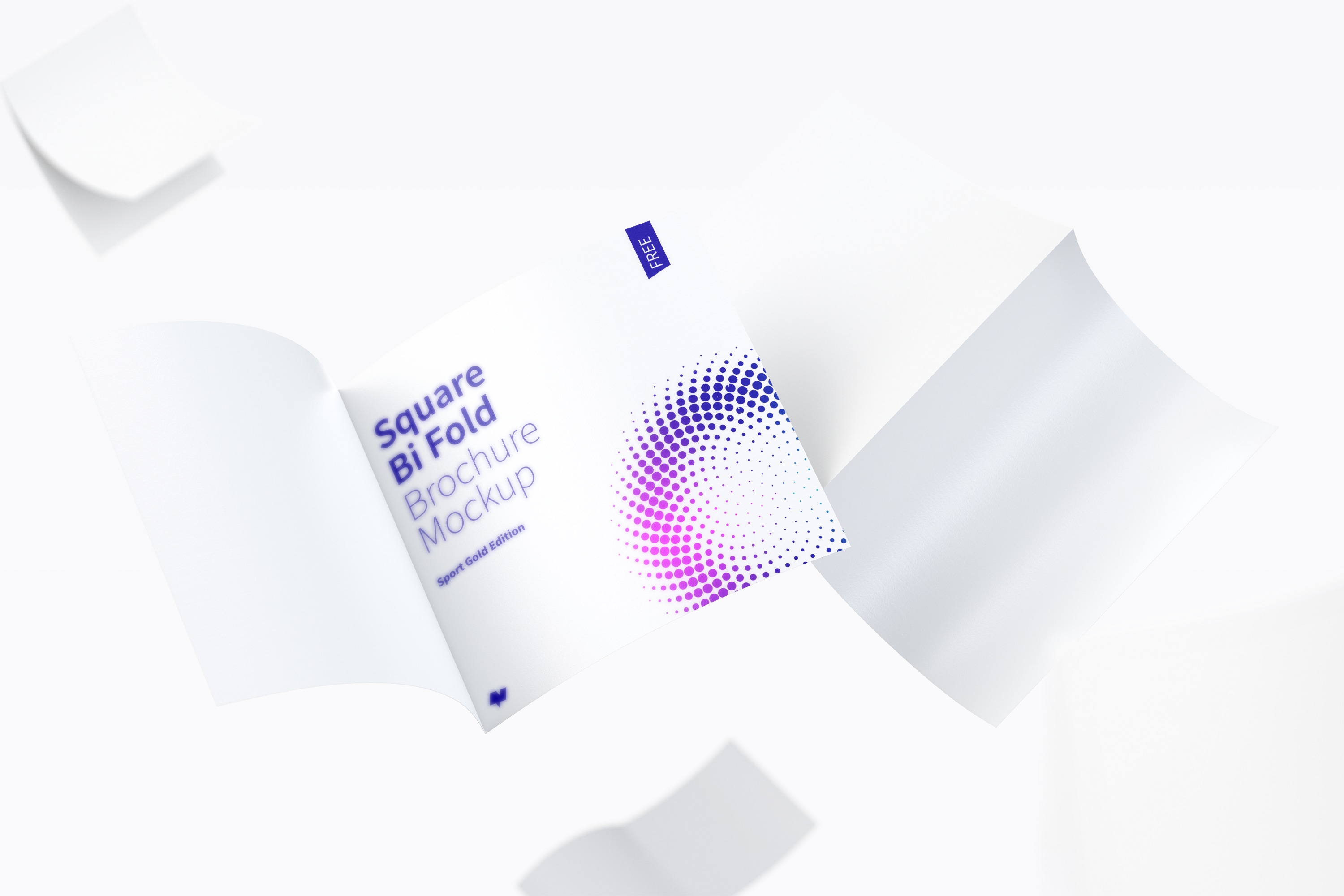 漂浮的方形对折小册子传单设计预览免费样机模板 FREE Square Bi Fold Brochure Mockup, Floating 3K插图