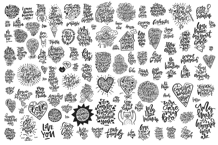 110个手写风格情人节浪漫祝福语插画 Valentine’s Day Lettering Pack插图(1)