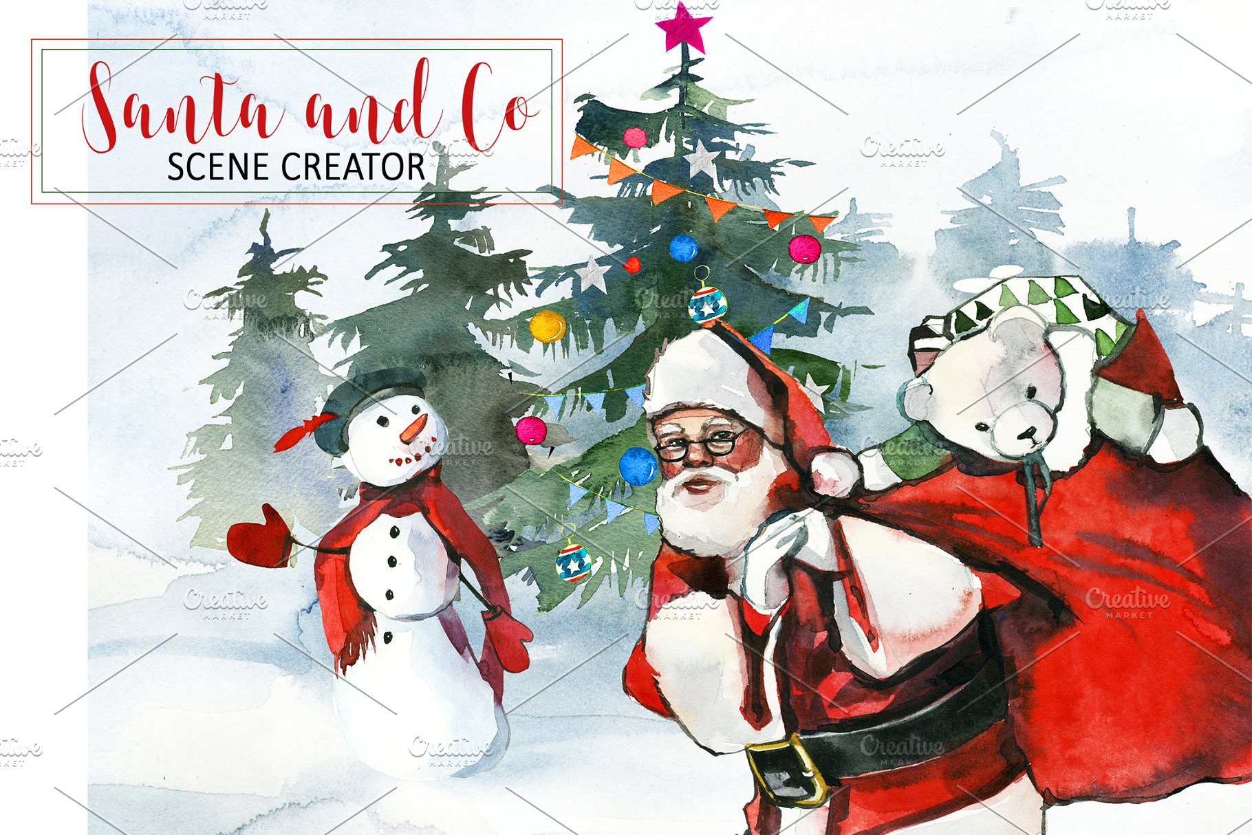 手绘圣诞节主题水彩设计素材包 Santa & Co Christmas Clipart Set插图(1)