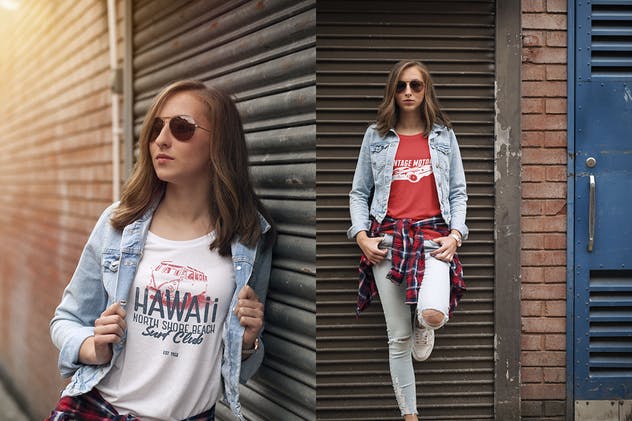 女款V领T恤欧美时装模特上身效果样机 Crew Neck T-shirt Mock-up Female Version插图(1)