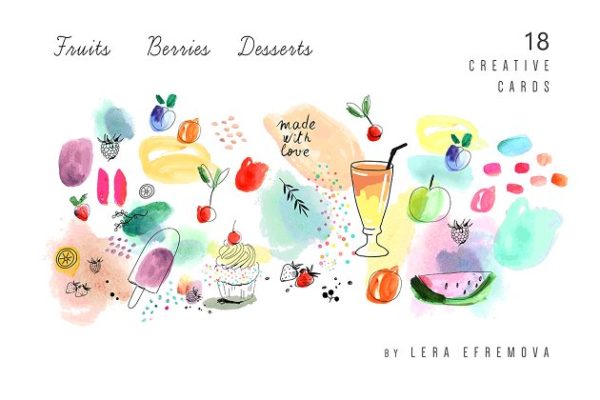 水彩手绘浆果甜点剪贴画 Fruits &amp; Berries &amp; Desserts