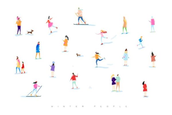 手绘冬季滑雪运动场景插图 Winter people