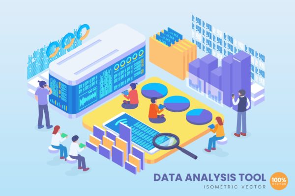 数据分析工具等距矢量素材库精选科技概念插画 Isometric Data Analysis Tool Vector Concept
