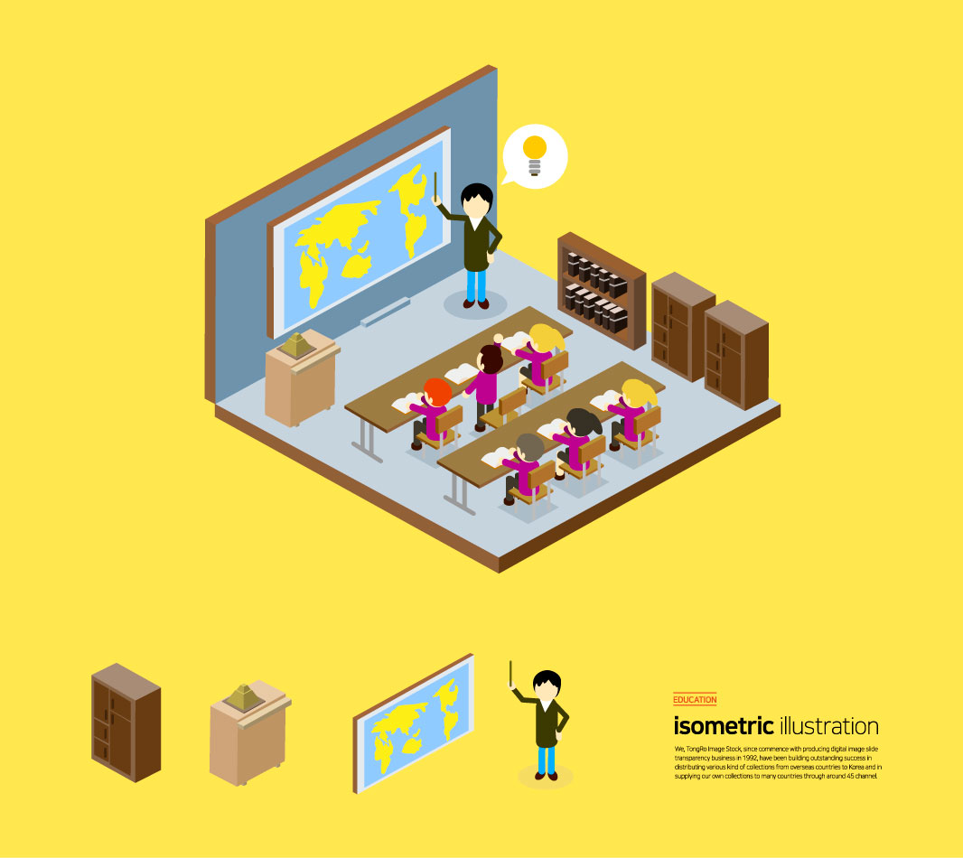 儿童课堂学习教育主题等距插画设计素材插图