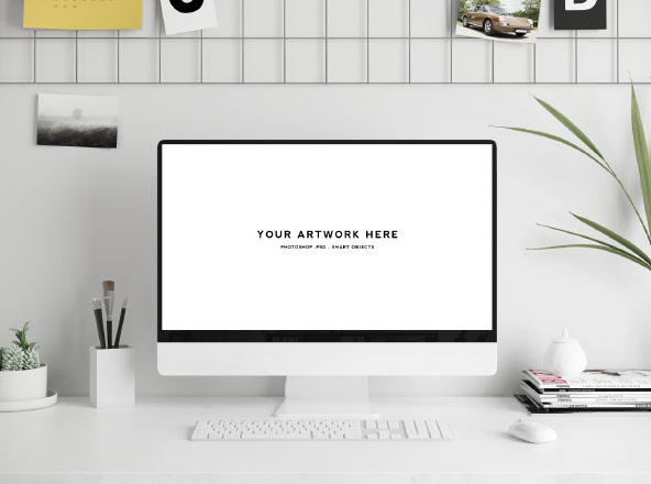 办公桌场景-iMac一体机屏幕演示样机模板 Workspace Scene Mockup – Mac Screen