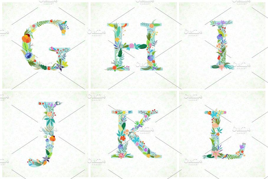 明亮花卉装饰字母素材 Bright Floral Alphabet. EPS and PNG插图(2)