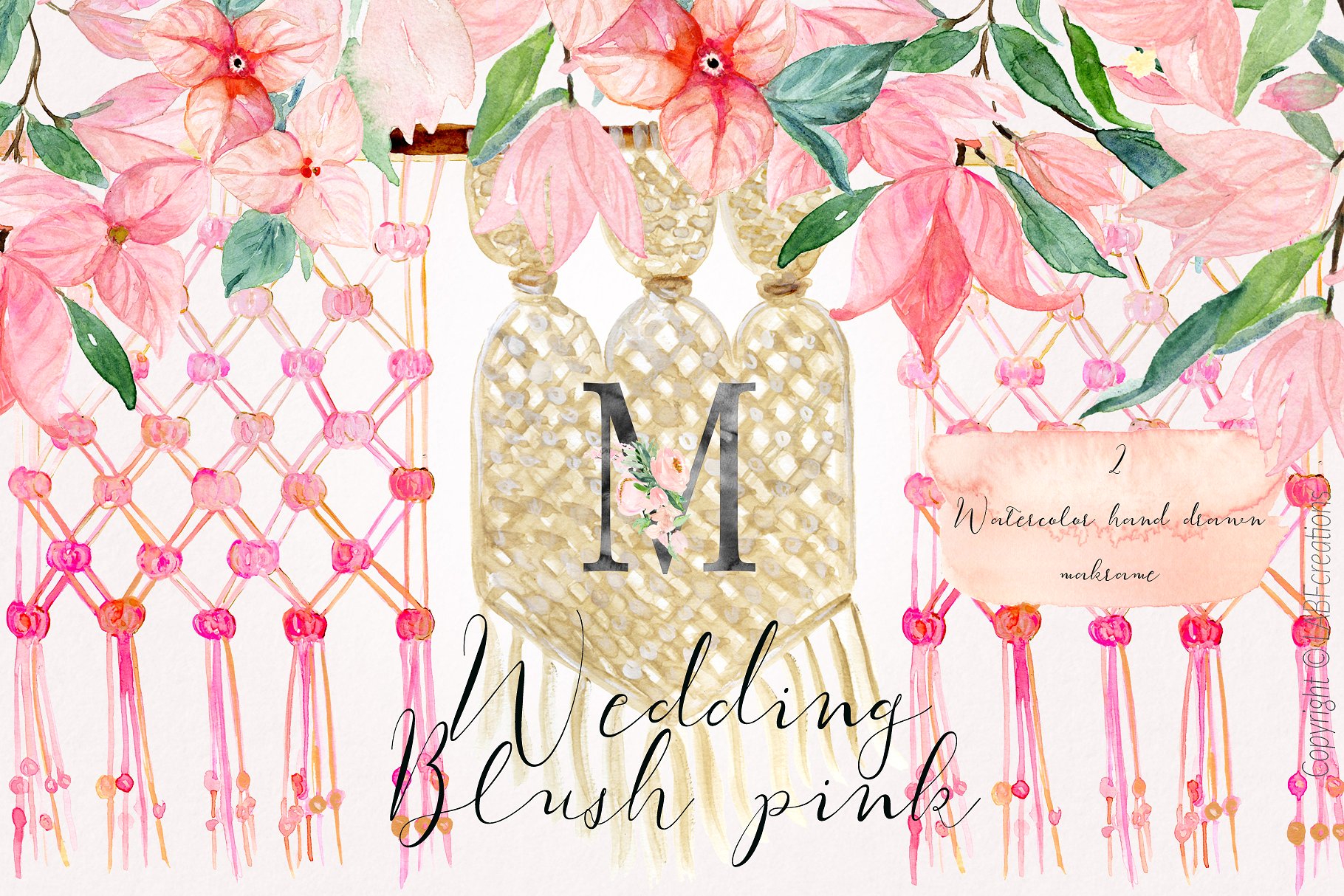 胭脂红水彩花卉元素，花环，花式字母… Blush pink bougainvillea插图(14)