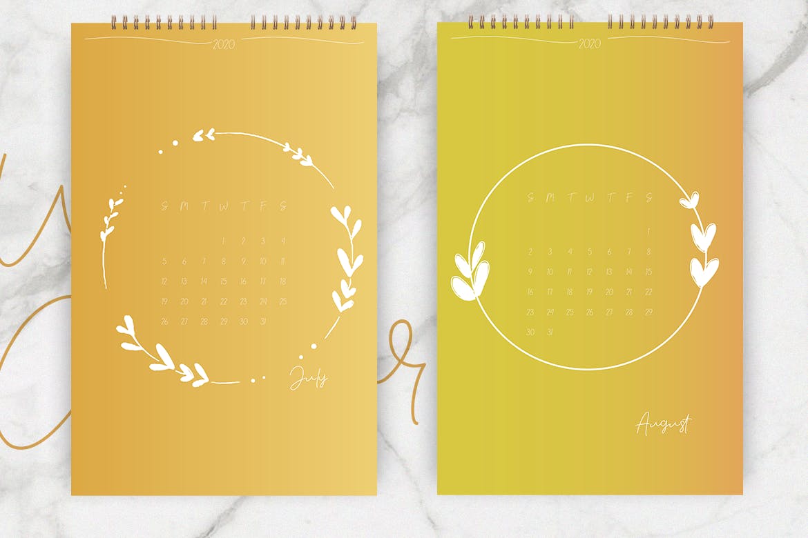 2020年简约植物手绘图案日历表设计模板 Wall Calendar 2020 Layout插图(5)