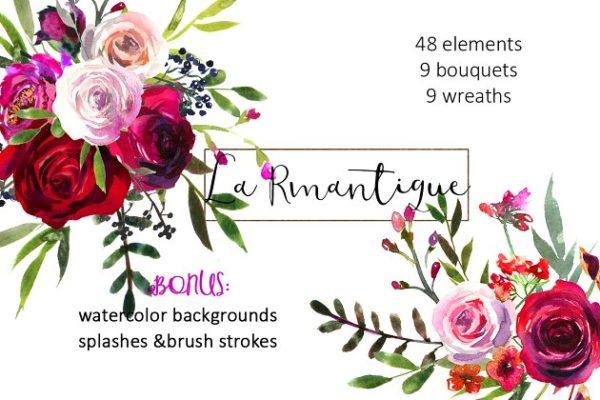 勃艮第红粉水彩花卉剪贴画 Burgundy Red Pink Flowers Clipart