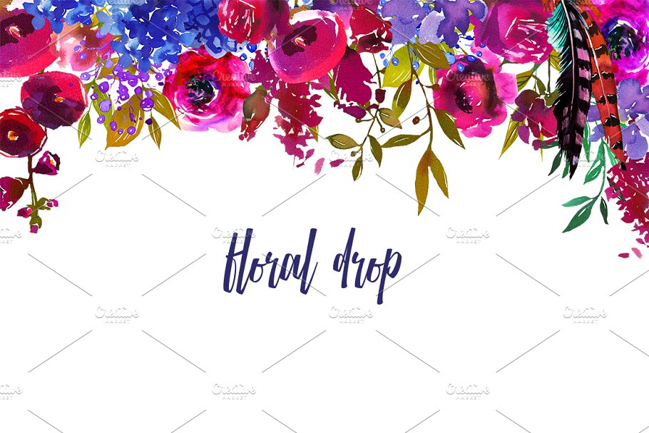 蓝莓色&海军蓝水彩花卉剪贴画 Berry & Navy Watercolor Flowers PNG插图(3)