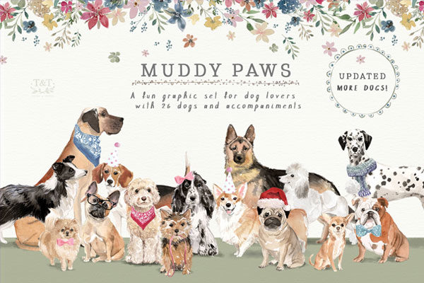 水彩手绘小狗素材集 Dog Graphic Set – Muddy Paws [1.1GB]