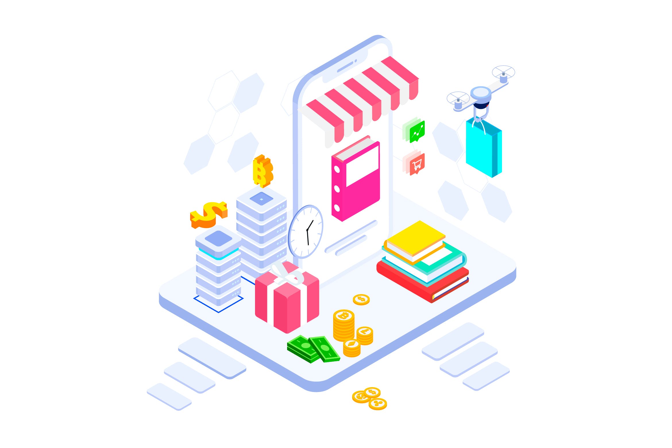 区块链技术电子商务平台概念插画 E-commerce on Blockchain Platform Isometric – FV插图