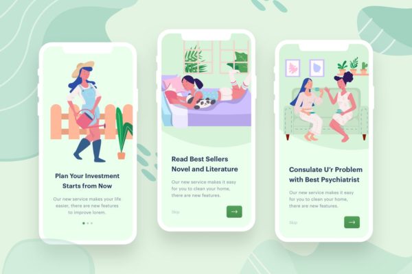 女性学习与社交主题APP应用启动页矢量插画素材 Women’s Learn &amp; Socialize