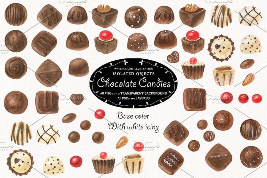 巧克力糖果甜品主题水彩插画插图(1)
