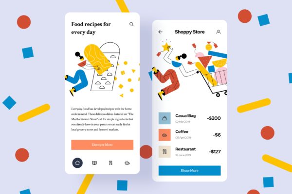 手机购物主题APP用户界面设计矢量插画 Store Mobile Interface Illustrations