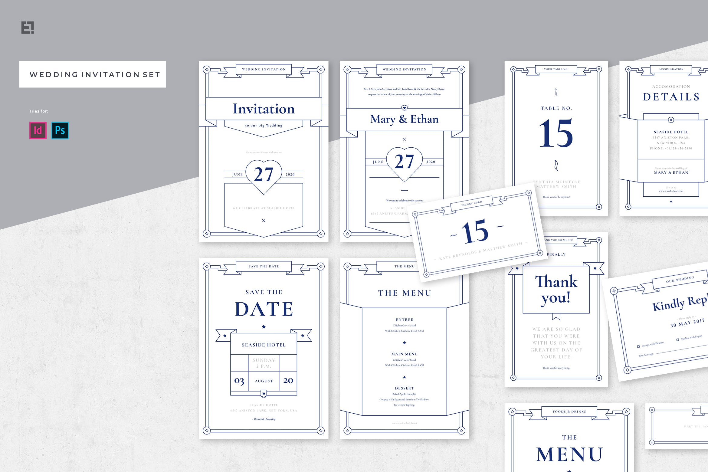 蓝色简约线条艺术风格婚礼邀请函设计套装 Wedding Invitation Suite插图