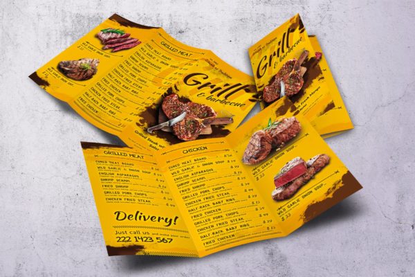 A4&amp;美国信纸规格三折页BBQ烧烤店素材库精选菜单模板 Barbecue Trifold A4 &amp; US Letter Food Menu