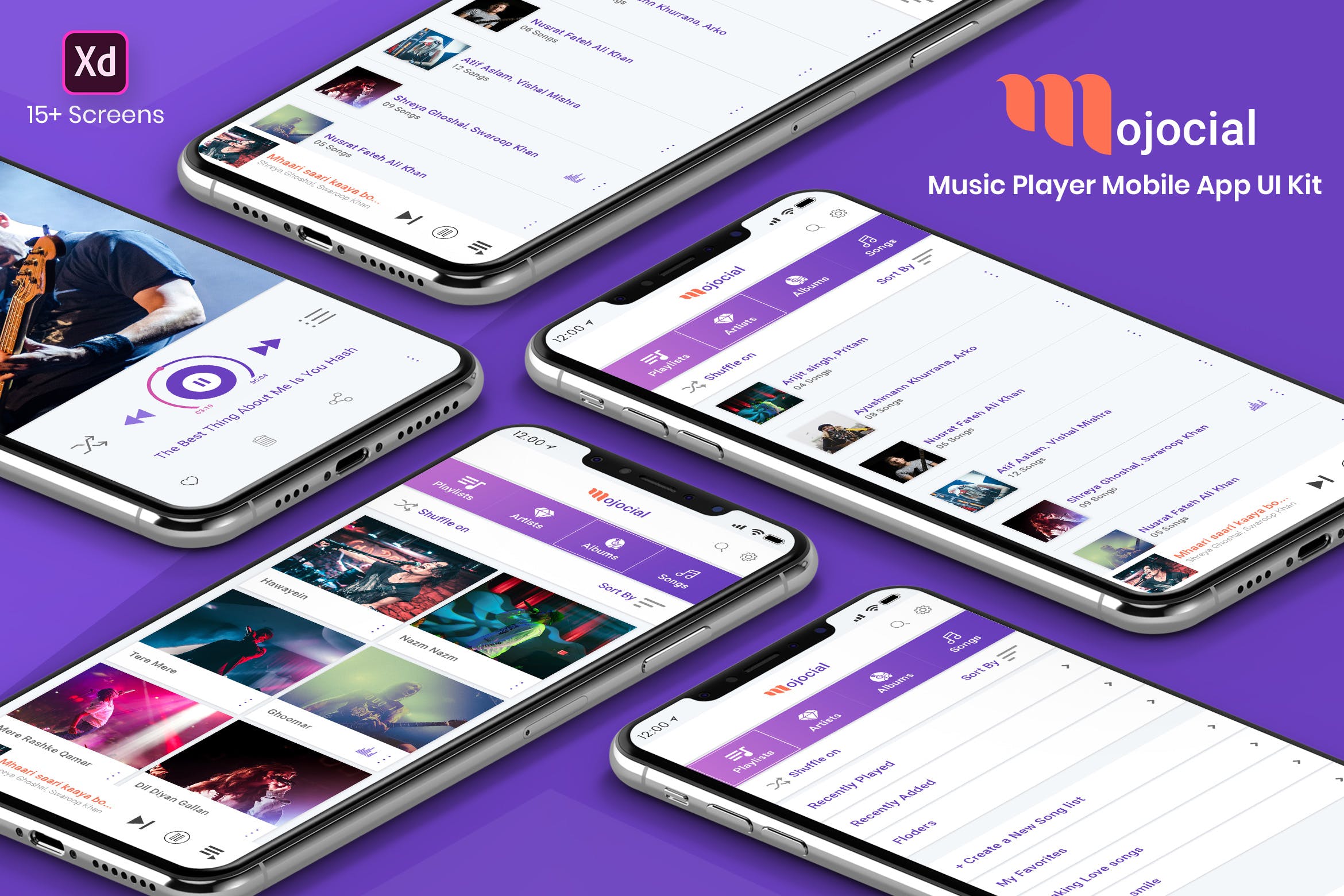 在线听歌APP应用UI界面设计XD模板 Mojocial-Music Player Mobile App UI Kit-(Adobe XD)插图