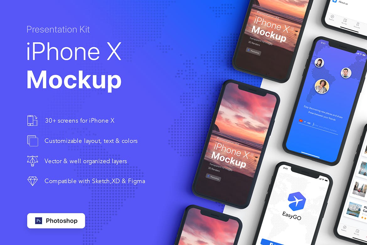 APP界面设计截图预览iPhone X手机样机模板v3 Presentation Kit – iPhone showcase Mockup插图(1)