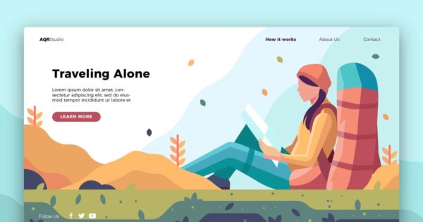 户外旅行概念插画网站Banner＆着陆页设计模板 Traveling Alone – Banner &amp; Landing Page