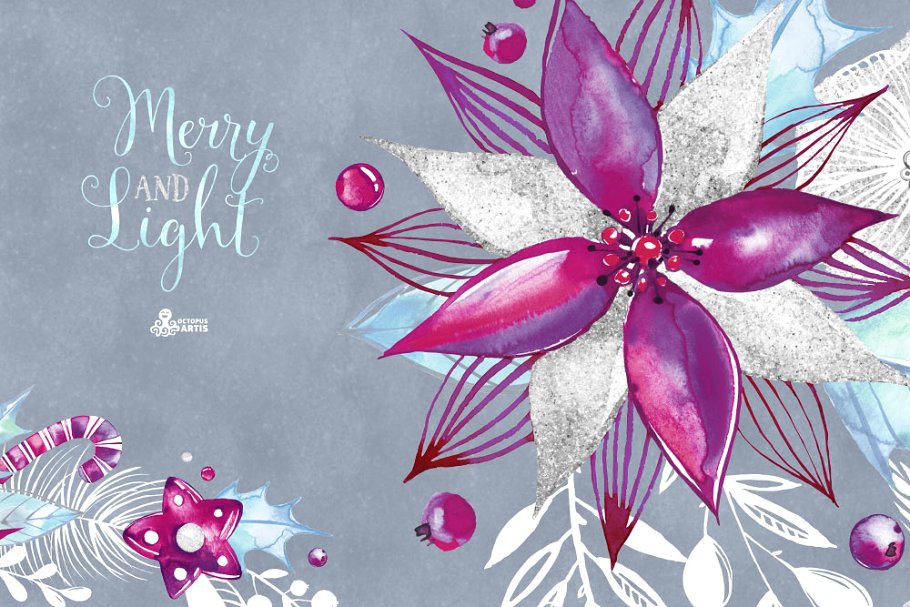 假日手绘水彩花卉剪贴画合集 Merry and Light. Holiday collection插图(6)