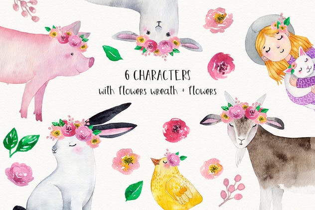 农场家畜动物水彩插画套装Vol.1 FARM ANIMALS watercolor set PART 1插图(5)