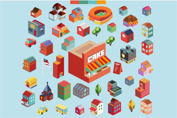 多彩等距离建筑建筑物场景矢量插画v6 Colorful vector isometric buildings