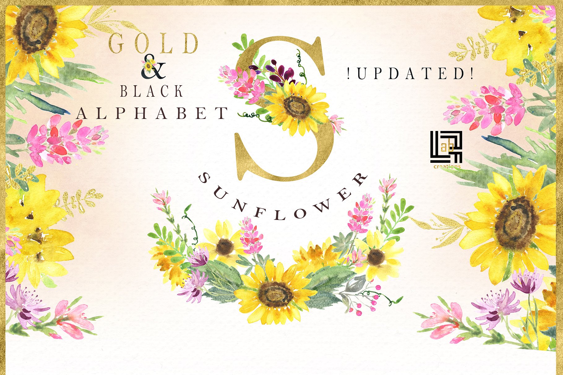 金色粉色向日葵水彩画剪贴画 Sunflowers gold & pink Watercolor插图