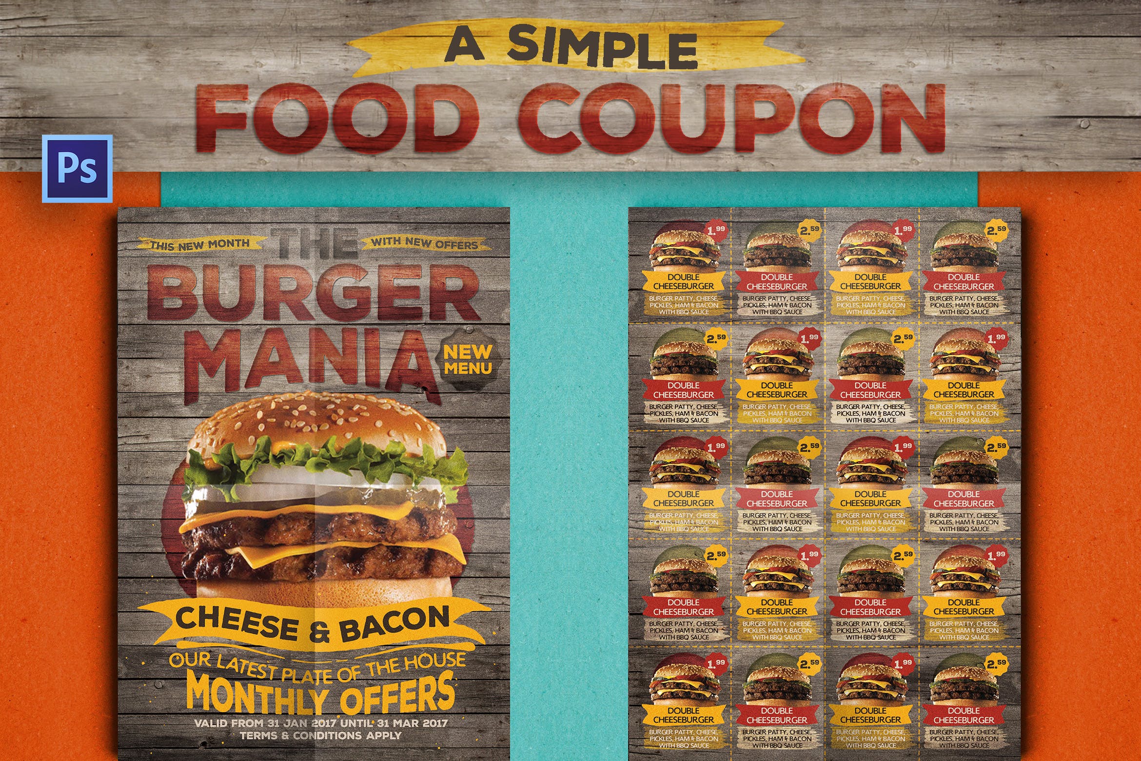 西式快餐优惠券传单设计模板 Rustic Fast Food Coupon插图