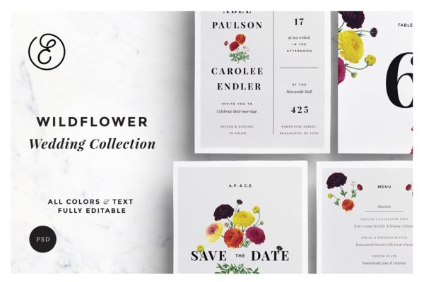 野花插画婚礼邀请函设计套件 Wildflower Wedding Collection