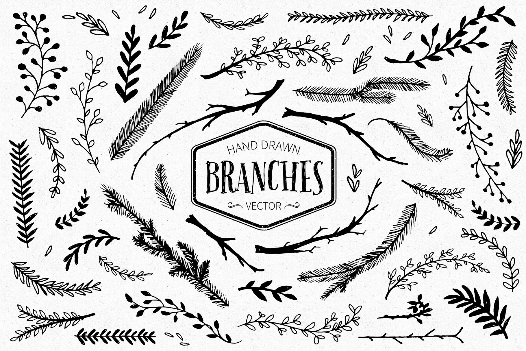 手绘树枝羽毛油墨剪贴插画 Inky Goods Vector Graphics插图(1)