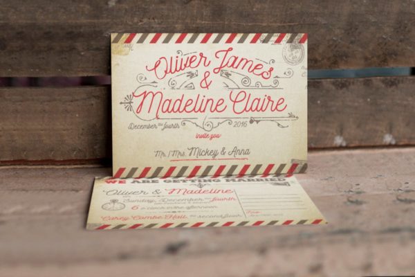 复古航空邮件婚礼请柬设计模板 Vintage Airmail Wedding Invitation