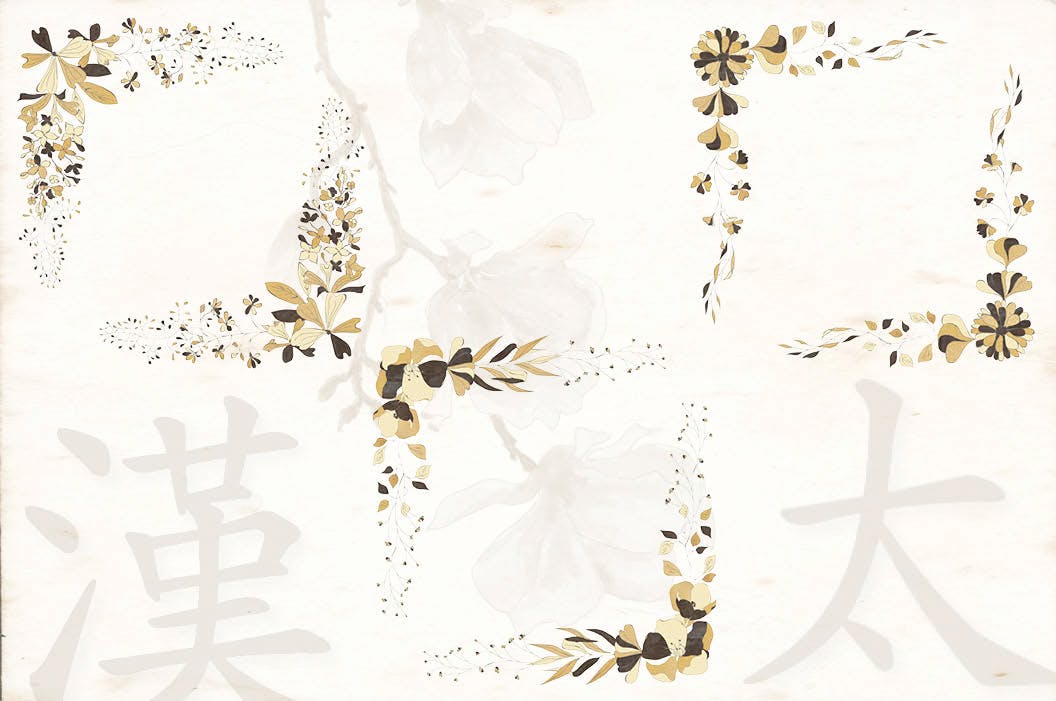 东方特色黑金配色风格字母&花卉手绘剪贴画素材库精选PNG素材 Black and Gold Eastern Design Set插图(7)