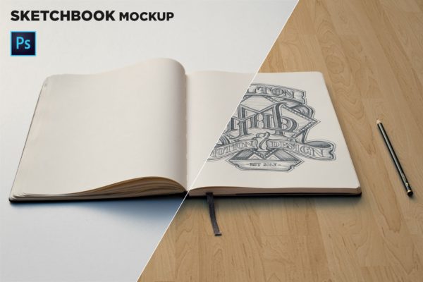 素描本内页设计/艺术作品展示前视图样机素材库精选 Sketchbook Mockup Front View