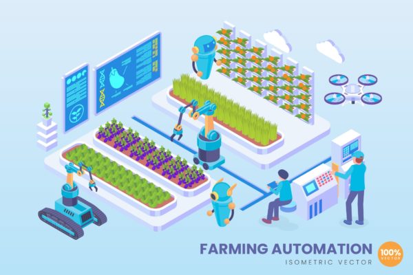 有机农业自动化科技主题等距矢量素材库精选概念插画素材 Isometric Organic Farming Automation Vector