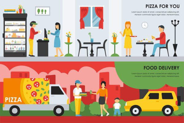 外卖&amp;披萨餐厅内部展示服务概念平面插图 Pizzeria Flat Interiors 9 sets