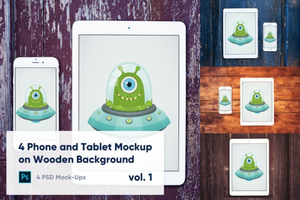 木制背景平板电脑&amp;手机素材库精选样机模板v1 4 Tablet &amp; Phone Mockup on Wooden Background Vol.1